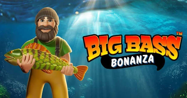 Big Bass Bonanza key art by Pragmatic Play: the fisherman holding a green bass underwater beside the game logo