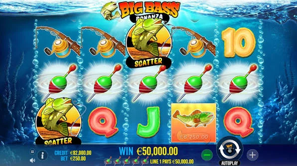 Big Bass Bonanza base game: fishing rods and floats across five reels with a scatter symbol and a large line win